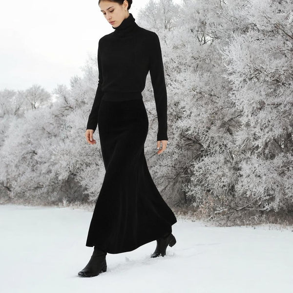 Velours maxi rok in zandloper lijn/velvet maxi skirt in hour glass design