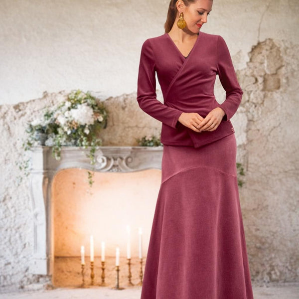 Velours maxi rok in zandloper lijn/velvet maxi skirt in hour glass design