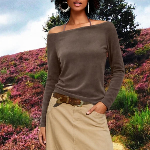 Basic shirt met boothals in nicky velours/ Basic velvet shirt with boatneck