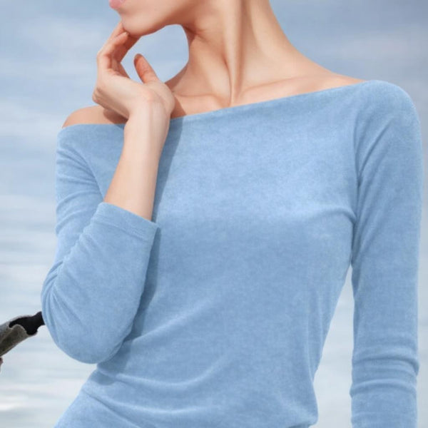 Basic shirt met boothals in nicky velours/ Basic velvet shirt with boatneck