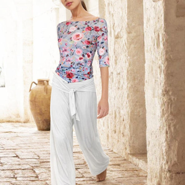 Flower print  T shirt met boothals/ flower printed  boatneck T shirt organic cotton