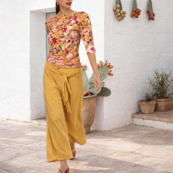 Flower print  T shirt met boothals/ flower printed  boatneck T shirt organic cotton