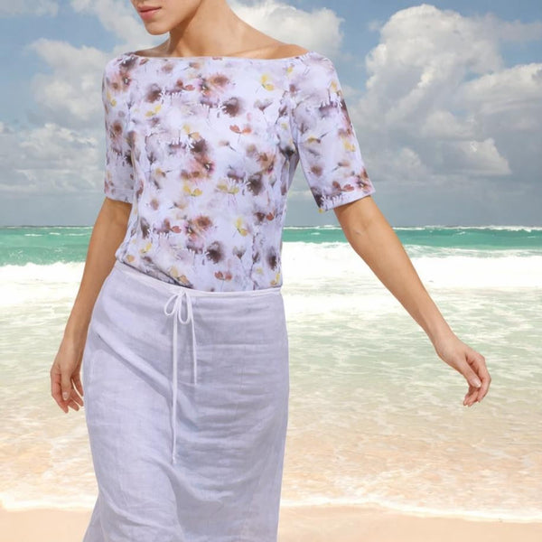 Flower print  T shirt met boothals/ flower printed  boatneck T shirt organic cotton