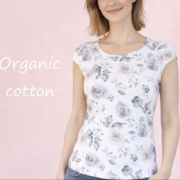 Flowerprint T shirt in biologische katoenen jersey/ flower printed T shirt organic cotton