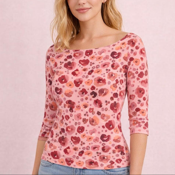 Flower print  T shirt met boothals/ flower printed  boatneck T shirt organic cotton