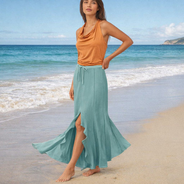 Linnen maxi rok met ruches split/ linen maxi skirt with ruffles split