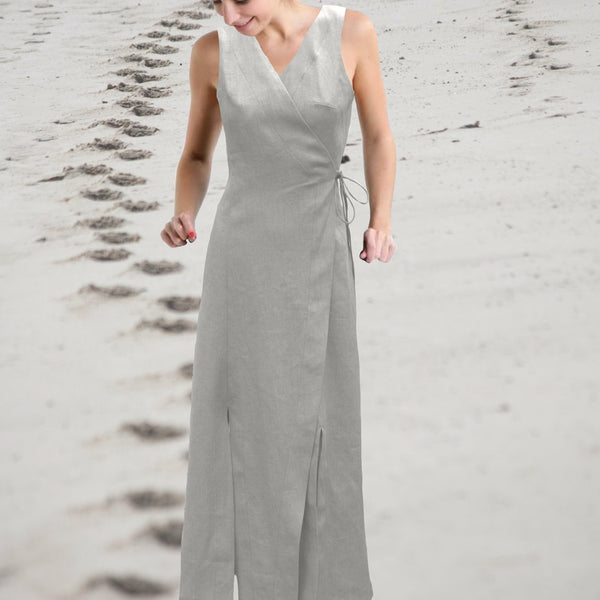 lange linnen overslag jurk  / linen maxi wrap dress
