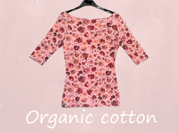 Flower print  T shirt met boothals/ flower printed  boatneck T shirt organic cotton
