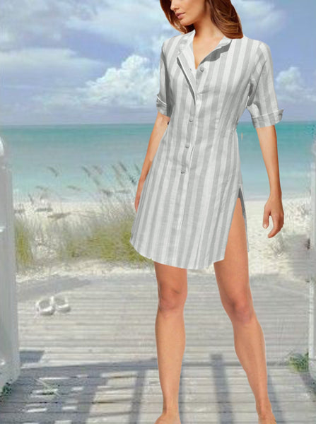 blouse-jurk in linnen streep/ striped linen shirt-dress
