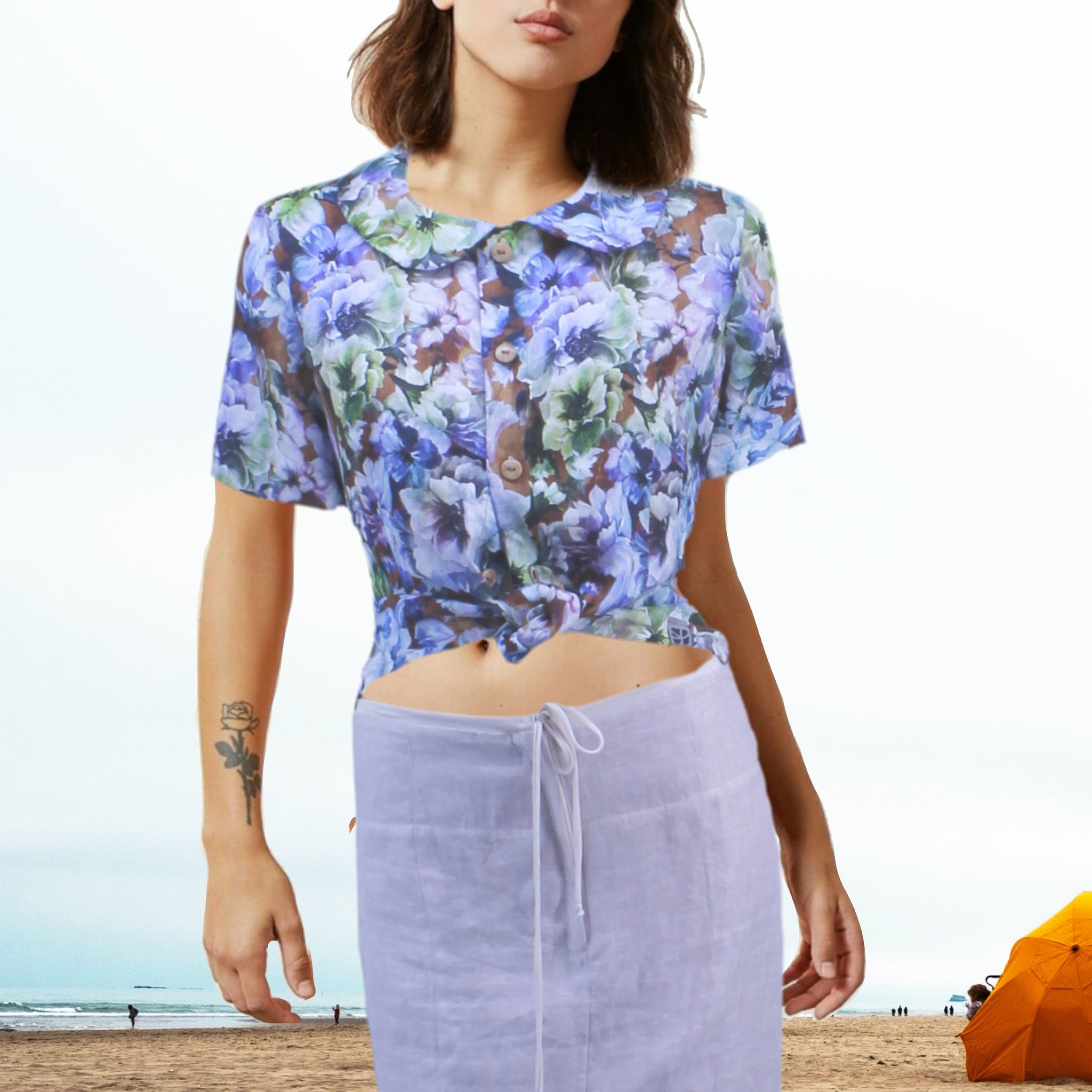 linnen print retro bloesje met rond kraagje /linen printed retro summer blouse